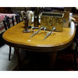 Oak oval end Dining Table, on reeded square legs, brass castors, with ornate ormolu mounts, brass