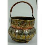 Oriental copper and brass pot with carrying handle, on 3 bun feet, 6”h & 2 beaten copper Jugs.