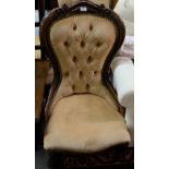 Matching Pair of reproduction Victorian Armchairs, beige buttoned fabric.