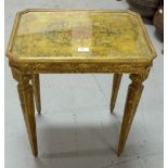 19thC French Gilt Side Table, the painted glass covered top over a craved frieze and carved legs,