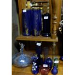 Collection blue glass vases, some with gilt detail, etc (14 approx).