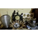 Group of items – Juliana Mantle Clock, 3 brass fireside tongs, pewter teapot, wine bottle racks etc,