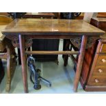 Chinese Teak Side Table, the rectangular top over turned legs with scrolled corners and