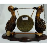 Victorian Brass Table Bell with Gong, the gong supported by two wooden character birds (some