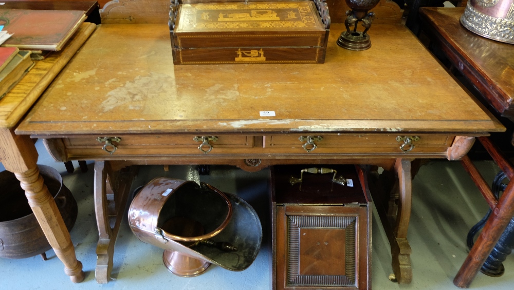 Gothic Oak Kneehole Desk/Dressing Table, with rear gallery and two frieze drawers, on porcelain