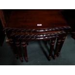 Nest of 3 modern mahogany tables, 3 circular occ. tables & 2 stools (8).