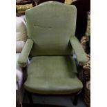 Early 20thC Walnut Armchair, with armrests, green fabric upholstery.