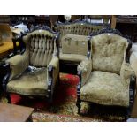 9 Piece Edwardian Ebonised Suite incl. a Couch, Pair of Armchairs and set of 6 Dining Chairs, fabric