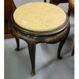 Japanese Lacquer Occasional Table, inset with beige marble top, 28”h x 18”dia.