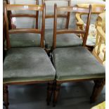 Matching set of 4 Mahogany Dining Chairs, on turned legs, with green fabric sprung seats.