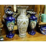 Group pottery items – pair Blue Vases with Victorian scenes, tall vase and two jardineres.