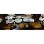 Group China items – part teasets, floral plates etc & 4 wooden plaques (Asian scenes etc), brass