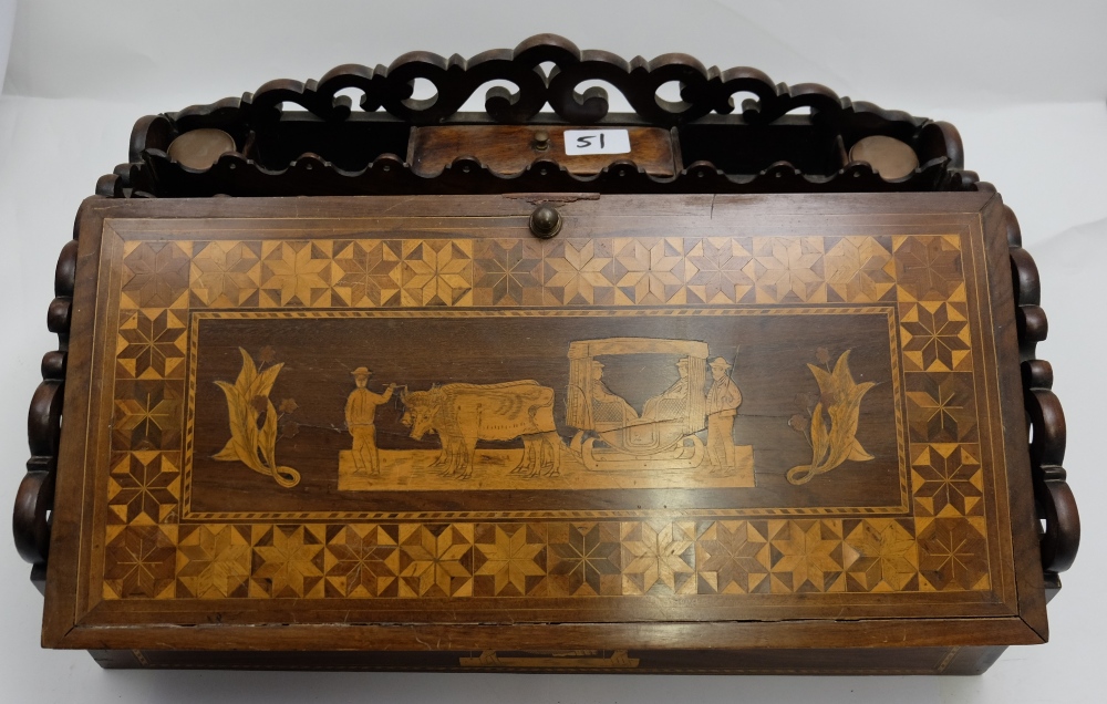 Victorian Walnut Campaign Desk, the top marquetry inlaid with two ox, drawing a carriage on a