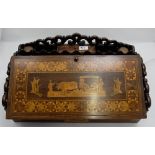 Victorian Walnut Campaign Desk, the top marquetry inlaid with two ox, drawing a carriage on a