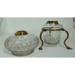 Two Cut Glass Oil Lamp Bowls, 1 in a brass 3-leg stand.