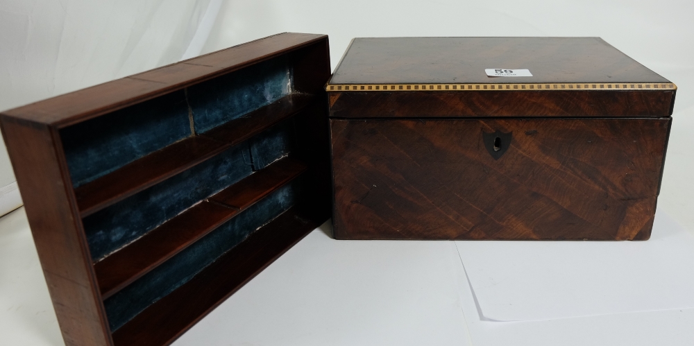 Victorian rosewood jewellery box, with blue velvet lined inner compartment and lower “secret”