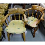 Pair of Victorian Pine Kitchen Carver Armchairs, with turned spindles.