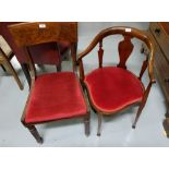 Mahogany Corner Armchair and a WMIV Mahogany Dining Chair with rail back (both with red velvet