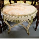 Circular painted coffee table, on cabriole legs, with beige marble inset top, 22”h x 28”w.