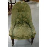 Victorian Bedroom Chair, the oval back covered with green button fabric, on turned feet, 4 brass