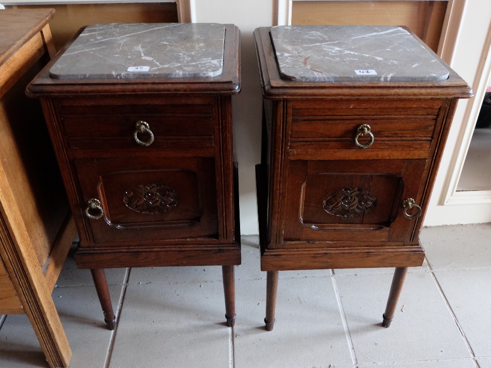 Matching Pair of Oak Bedside Cabinets, with single drawers over lower cabinets, grey marble tops,