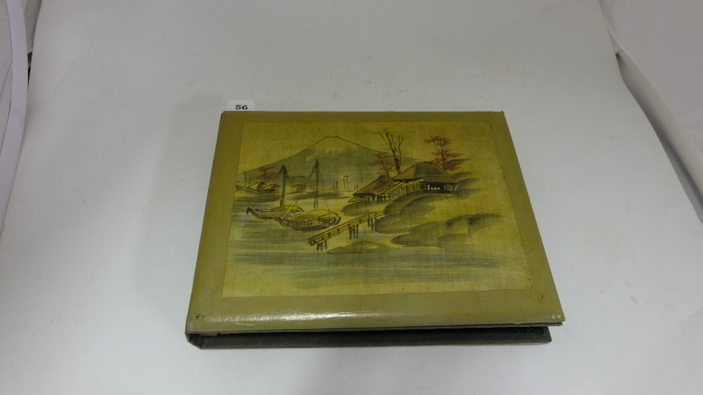 Japanese Postcard Album, the interior pages hand decorated with satin linings and watercolours of