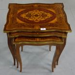 Graduating Nest of 3 Tables, marquetry inlaid, with brass rims, on sabre legs, widest 20.5”w x 15”