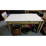 Antique Pine Kitchen Table, the painted white top, over a stripped base, 29.5”h x 57”w x 32”d.