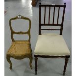 Miniature gilt framed French Chair with bergere seat and a mahogany bedroom chair with brail