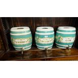 Set of 3 Ceramic Spirit Barrels – green ground with gilt borders, named in gold lettering “S.