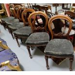 Matching Set of 6 Victorian Mahogany Balloon Back Dining Chairs, the seats covered with (worn) black