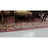 Persian Esfahan Floor Rug, red ground with multiple beige and navy borders and navy and red