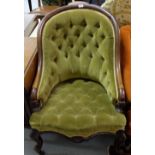 Victorian Mahogany Armchair, the curved top rail over a green fabric covered button upholstered seat