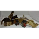 Hand crafted tea cosy with comical figure of tweed coated lady on horseback & “Sniffy” wooden