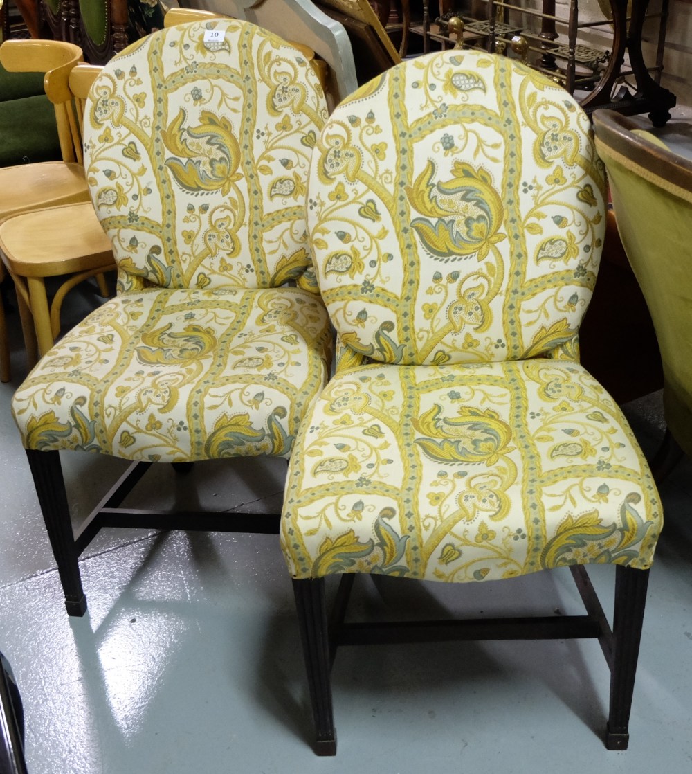 Pair of Edwardian Mahogany Occasional Chairs, on reeded and tapered legs, covered with green and