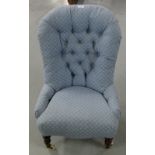 Victorian Bedroom Chair, the shaped back and seat covered with blue and white floral pattern fabric,