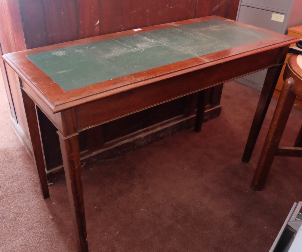 Edwardian Mahogany Writing Table, the rectangular top inset with green leather top, on square