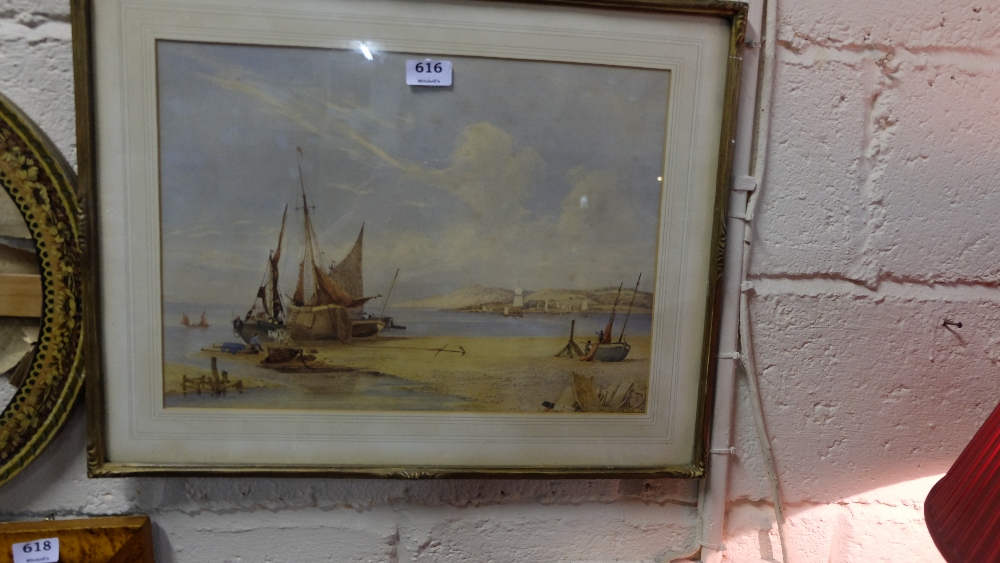 19thC Watercolour – fishing trawlers on a beach, 17 x 23”, in gilt frame, framed by Harrods, London