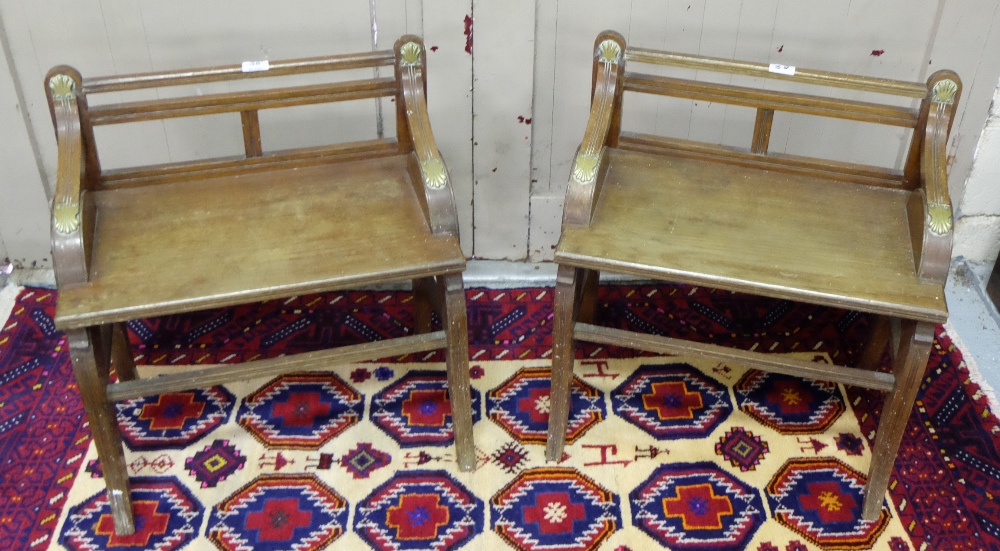 A matching Pair of Late 19thC brass mounted walnut Hall Benches, attributed to James Shoolbred, c.