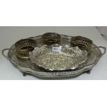 Group of Silver Plate – set of 3 bottle coasters, ornate bon bon dish and “Pepper and Hope”