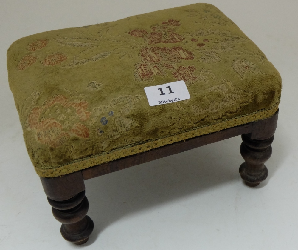 Miniature Rosewood Foot Stool, on turned legs, fabric covered seat, 10”w.