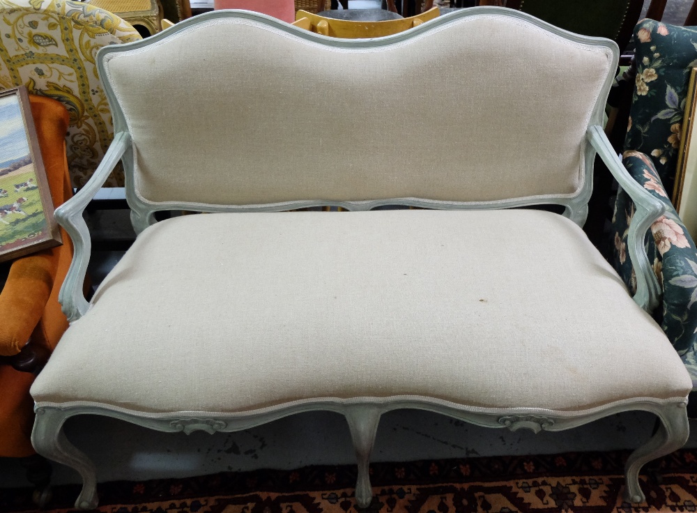 Modern 2-Seater Settee, painted green, covered with linen fabric.