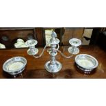 Matching Pair of Silver Plate Wine Bottle Coasters & a sl pl Candelabra (3)