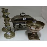 3 pieces Victorian silver plate incl. warming dish on stand, pair of candlesticks & presentation