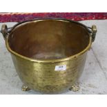 Brass Coal Bucket, with metal swing handle, on lions paw feet, 13” dia.