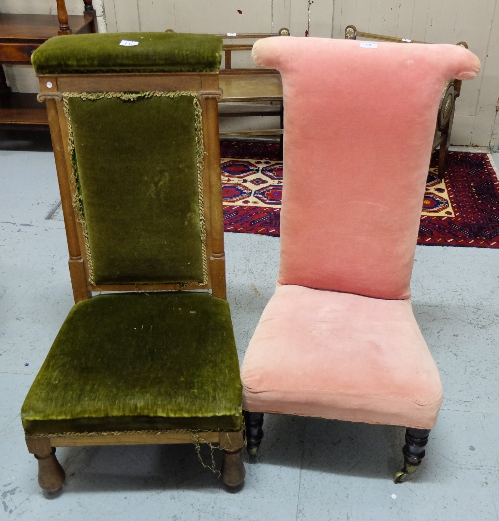 Two antique Prie Dieu’– 1 oak with green velour fabric, 1 with pink fabric, on turned legs (2).