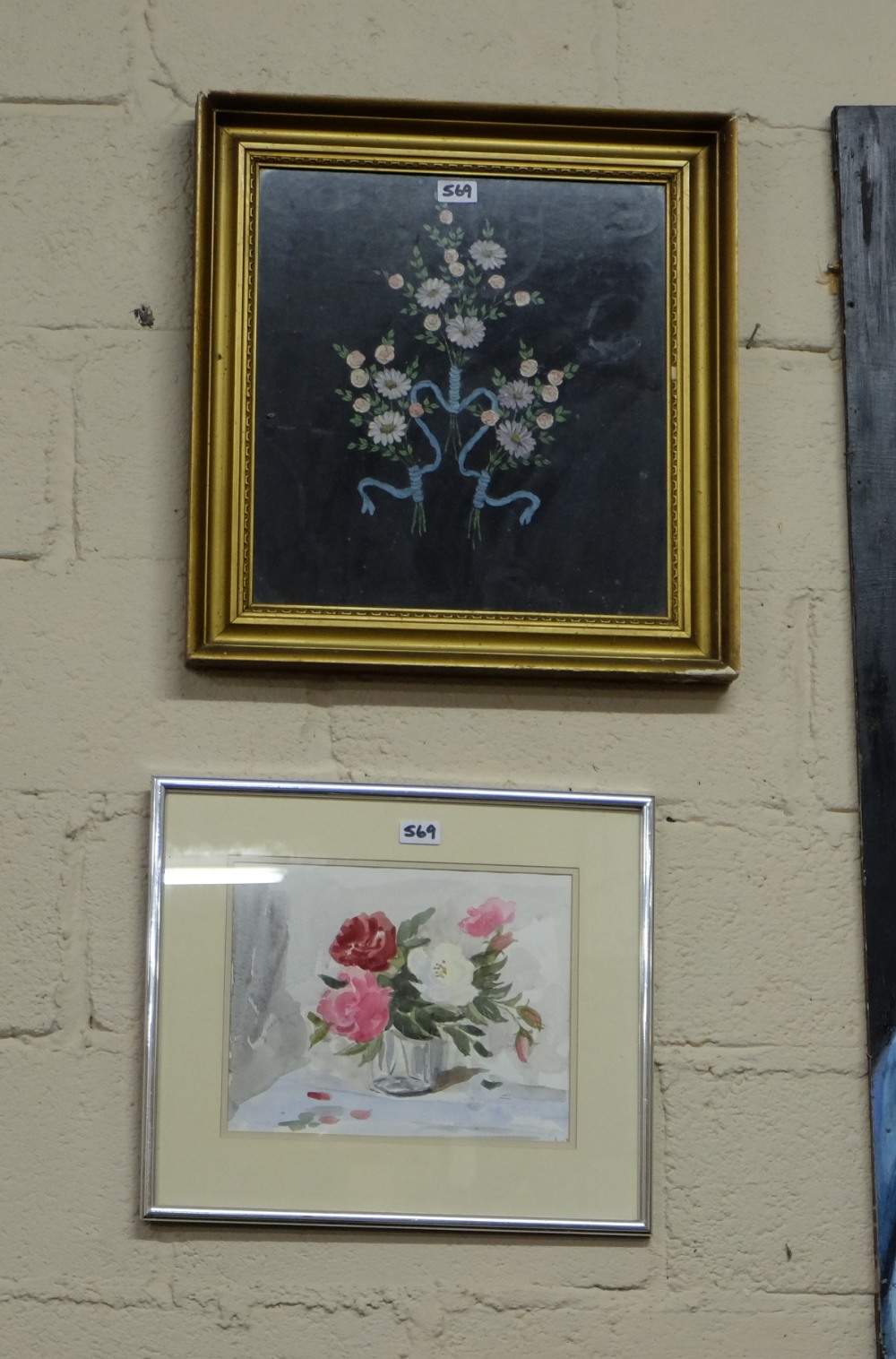 2 modern watercolours – Still Life’s of Lilly’s & bowl of roses & a raised oil – wreath of - Image 2 of 2