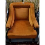 Low Victorian Armchair, covered with brown velvet fabric, button detail, turned pillars supporting