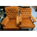 2 Victorian Armchairs, similarly covered with brown velvet fabric, button detail, turned front legs,