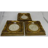 Set of 3 raised circular plaques, classical scenes, in gilt frames.